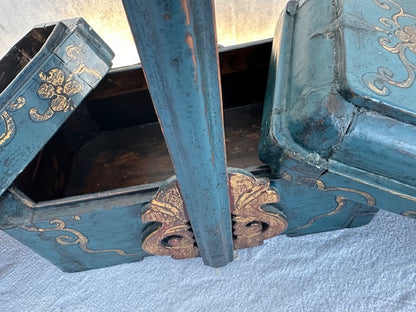 Vintage Wood Teal Three Tiered Storage Jewelry Box