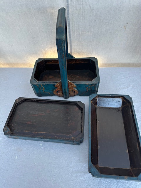 Vintage Wood Teal Three Tiered Storage Jewelry Box