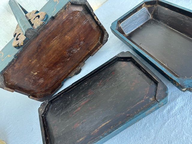 Vintage Wood Teal Three Tiered Storage Jewelry Box