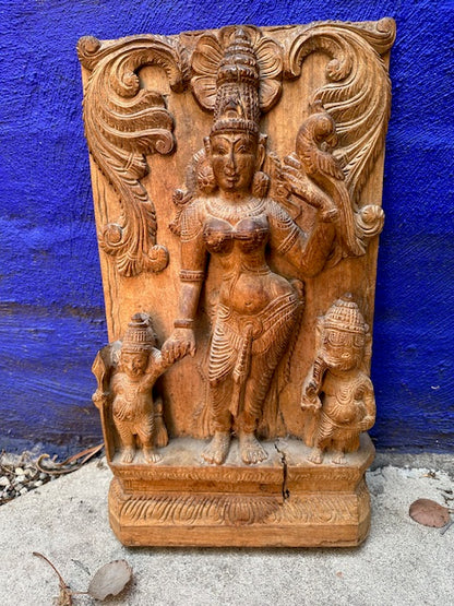 Vintage Hand Carved Wood Panel Indian Goddess