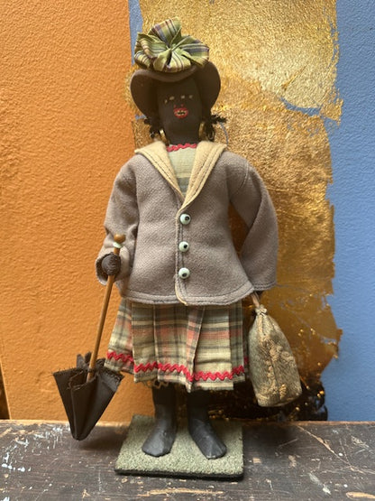 Vintage African American Handmade Doll with Umbrella, Carpetbag and Hat