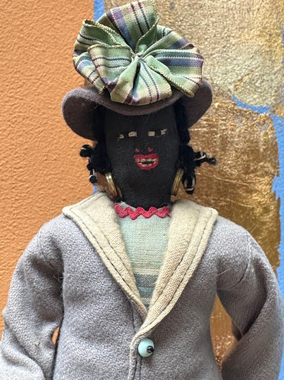Vintage African American Handmade Doll with Umbrella, Carpetbag and Hat