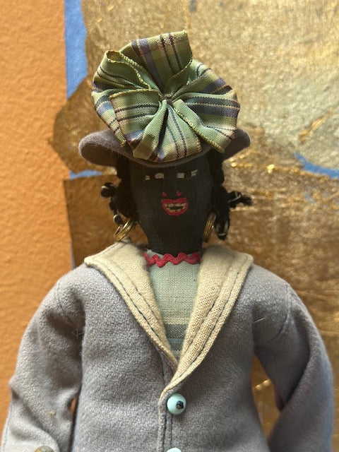 Vintage African American Handmade Doll with Umbrella, Carpetbag and Hat