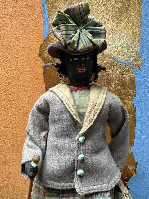 Vintage African American Handmade Doll with Umbrella, Carpetbag and Hat