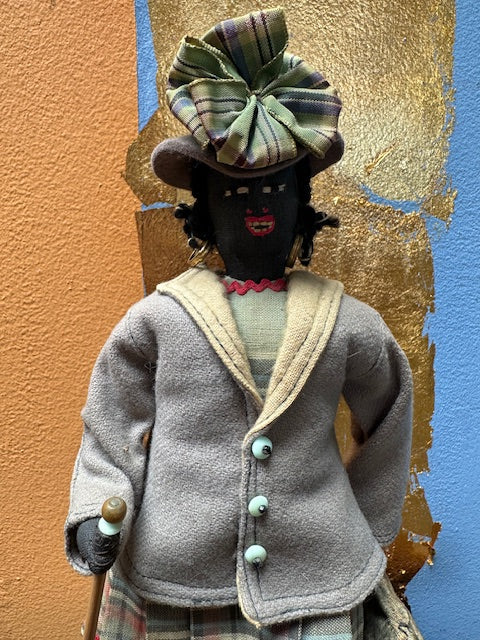Vintage African American Handmade Doll with Umbrella, Carpetbag and Hat