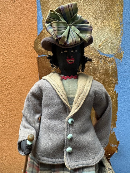 Vintage African American Handmade Doll with Umbrella, Carpetbag and Hat