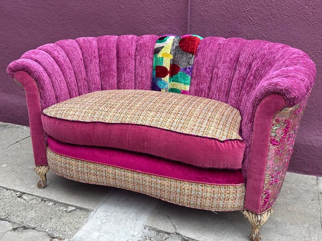 Recycled Reupholstered 1940s Love Seat in Shades of Pink