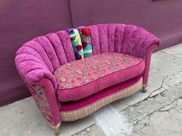 Recycled Reupholstered 1940s Love Seat in Shades of Pink