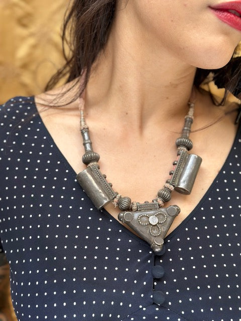 Vintage Indian Silver Necklace with Pale Pink Cotton Chord