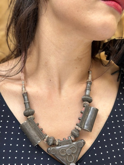 Vintage Indian Silver Necklace with Pale Pink Cotton Chord