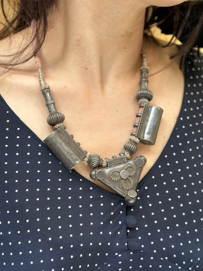 Vintage Indian Silver Necklace with Pale Pink Cotton Chord