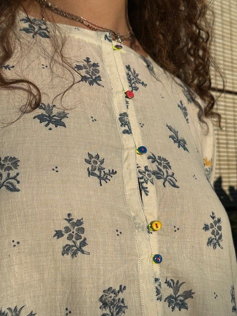 Injiri  Amber-136   Beige & Blue/Yellow Flowers  Dress  Small