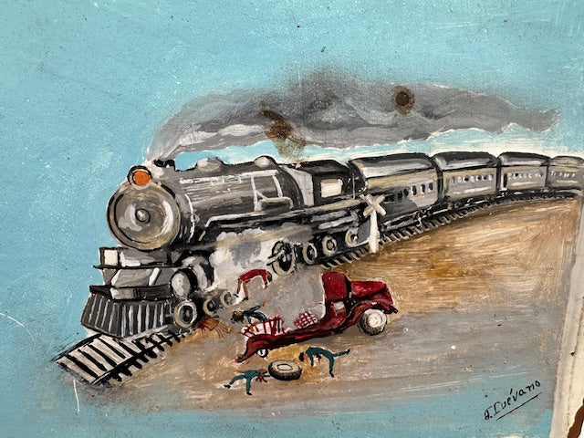 Vintage Mexican Train Crash Retablo with Easel