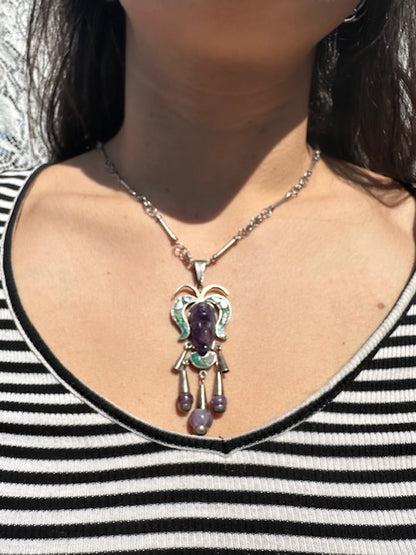 Vintage Mexican Amethyst, Turquoise and Sterling Silver Indigenous Male Pendant Necklace