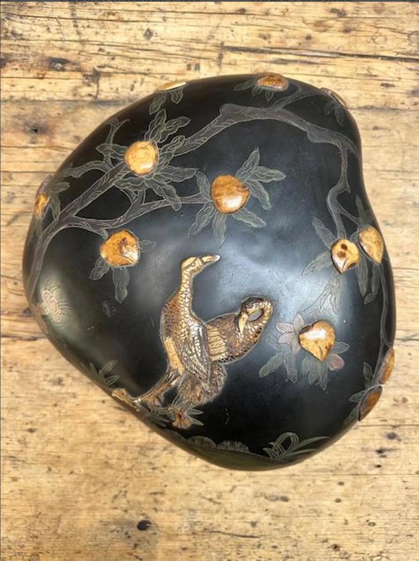 Antique Japanese Lacquered Black Box with Two Cranes