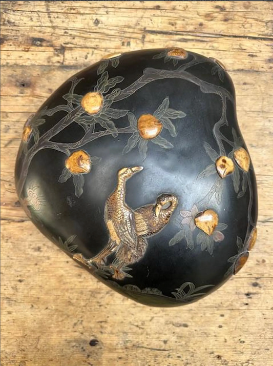 Antique Japanese Lacquered Black Box with Two Cranes