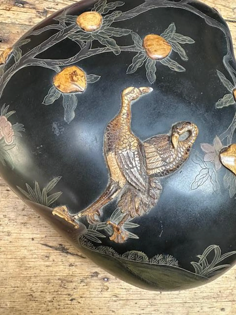 Antique Japanese Lacquered Black Box with Two Cranes