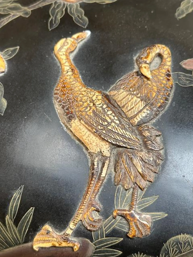 Antique Japanese Lacquered Black Box with Two Cranes