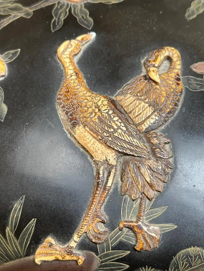 Antique Japanese Lacquered Black Box with Two Cranes