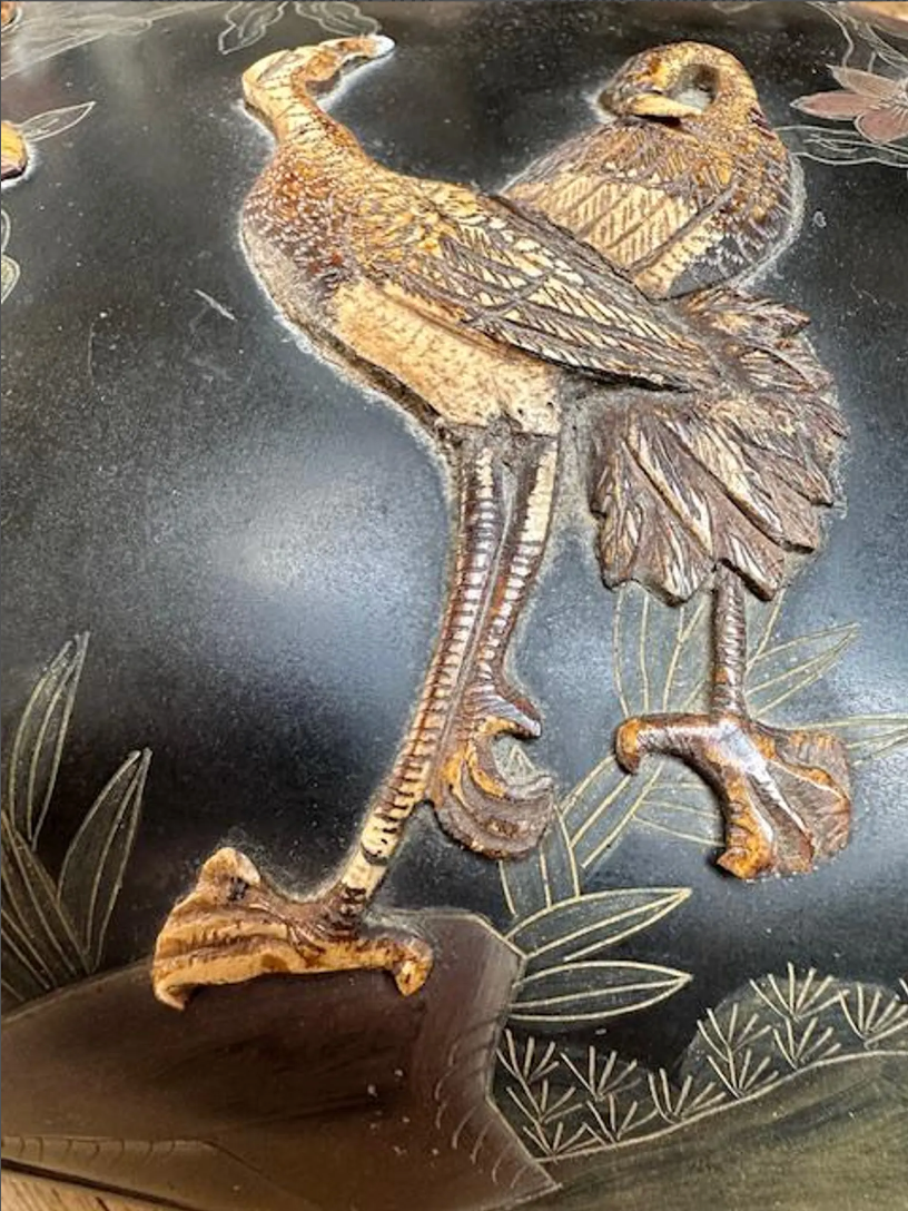 Antique Japanese Lacquered Black Box with Two Cranes