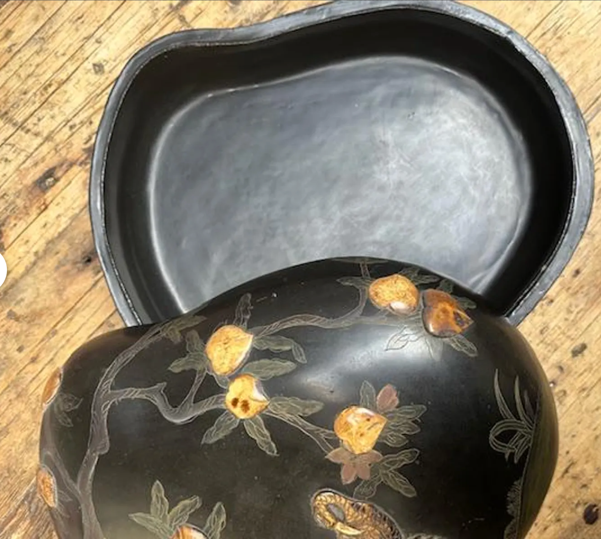 Antique Japanese Lacquered Black Box with Two Cranes