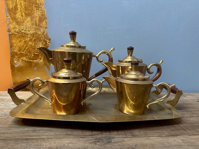 Art Deco Vintage Brass and Teak Coffee and Tea Set