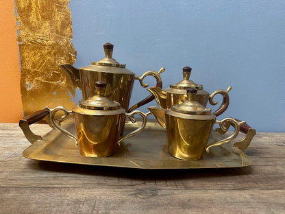 Art Deco Vintage Brass and Teak Coffee and Tea Set