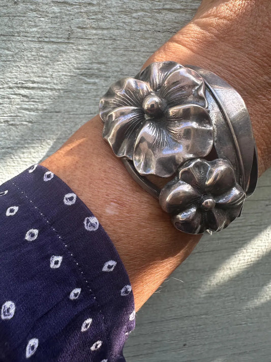Vintage Sterling Silver Floral Cuff Bracelet