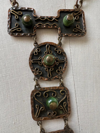 Vintage Handmade Mexican Copper Brass Jade Necklace