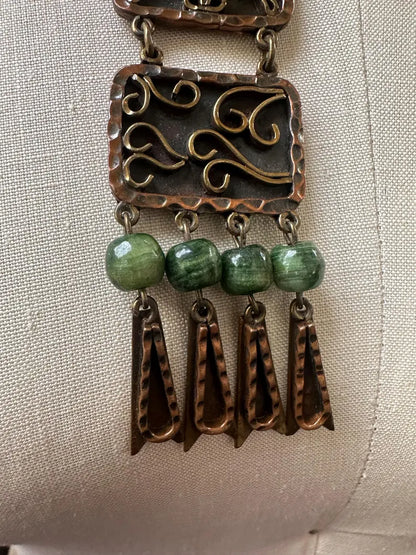 Vintage Handmade Mexican Copper Brass Jade Necklace