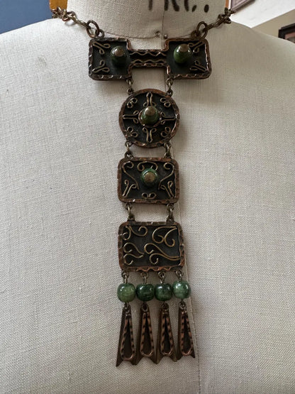 Vintage Handmade Mexican Copper Brass Jade Necklace