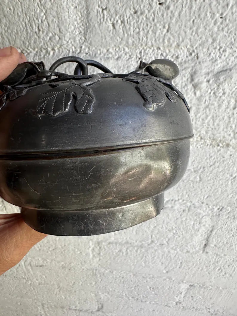 Antique Chinese Floral Pewter Footed Bowl w Lid and Amethyst, Carnelian and Jade Stones
