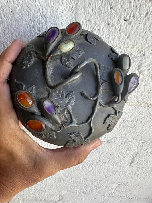 Antique Chinese Floral Pewter Footed Bowl w Lid and Amethyst, Carnelian and Jade Stones