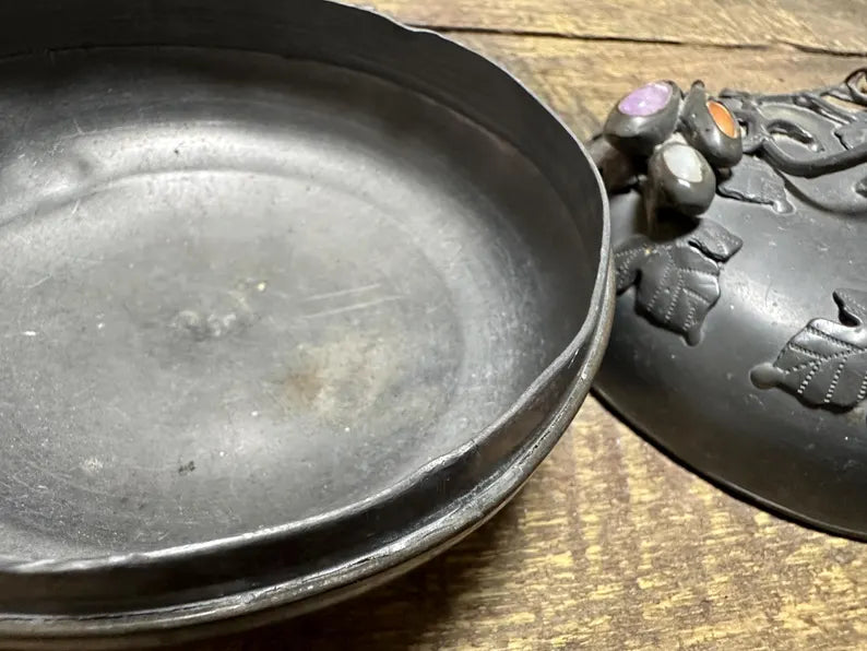 Antique Chinese Floral Pewter Footed Bowl w Lid and Amethyst, Carnelian and Jade Stones