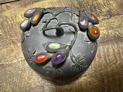 Antique Chinese Floral Pewter Footed Bowl w Lid and Amethyst, Carnelian and Jade Stones