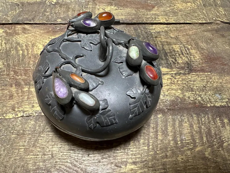 Antique Chinese Floral Pewter Footed Bowl w Lid and Amethyst, Carnelian and Jade Stones