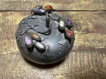 Antique Chinese Floral Pewter Footed Bowl w Lid and Amethyst, Carnelian and Jade Stones