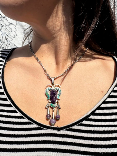 Vintage Mexican Amethyst, Turquoise and Sterling Silver Indigenous Male Pendant Necklace