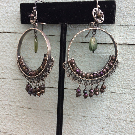 Elena Solow/Blue Jaguar Mexican Vintage Earrings with Iridescent Beads and Watermelon Tourmaline