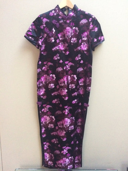 Vintage Black and Purple Brocade Flowered Chinese Dress
