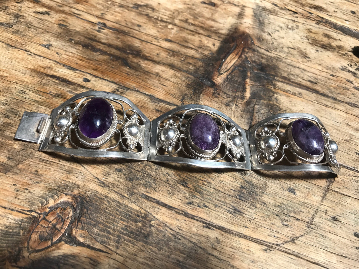 Vintage Mexican Sterling Silver Amethyst Cuff Bracelet