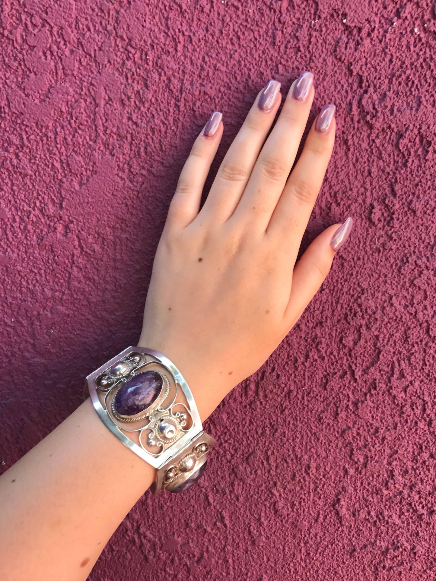 Vintage Mexican Sterling Silver Amethyst Cuff Bracelet