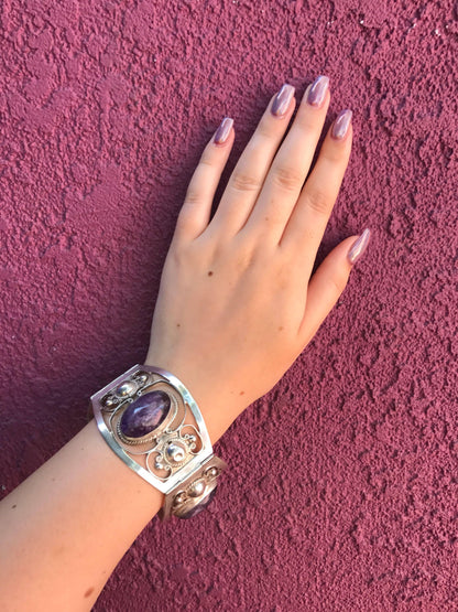 Vintage Mexican Sterling Silver Amethyst Cuff Bracelet