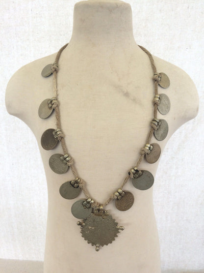 Vintage Tribal Coin Rupee Necklace with Old String from India