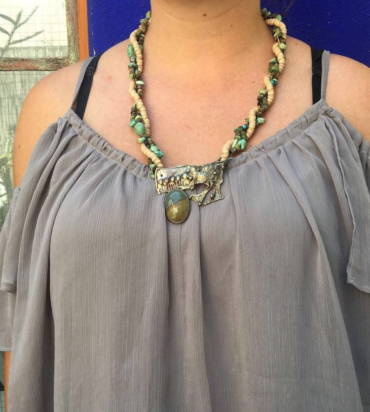Vintage Handmade Organic Abstract Jasper Stone Pendant with Turquoise & Heishi Bead Necklace