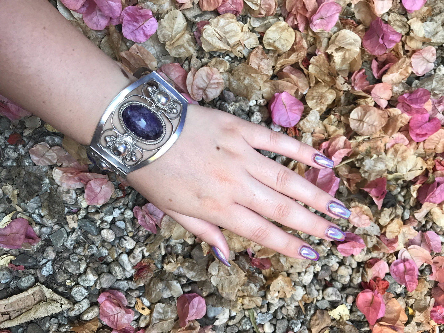 Vintage Mexican Sterling Silver Amethyst Cuff Bracelet