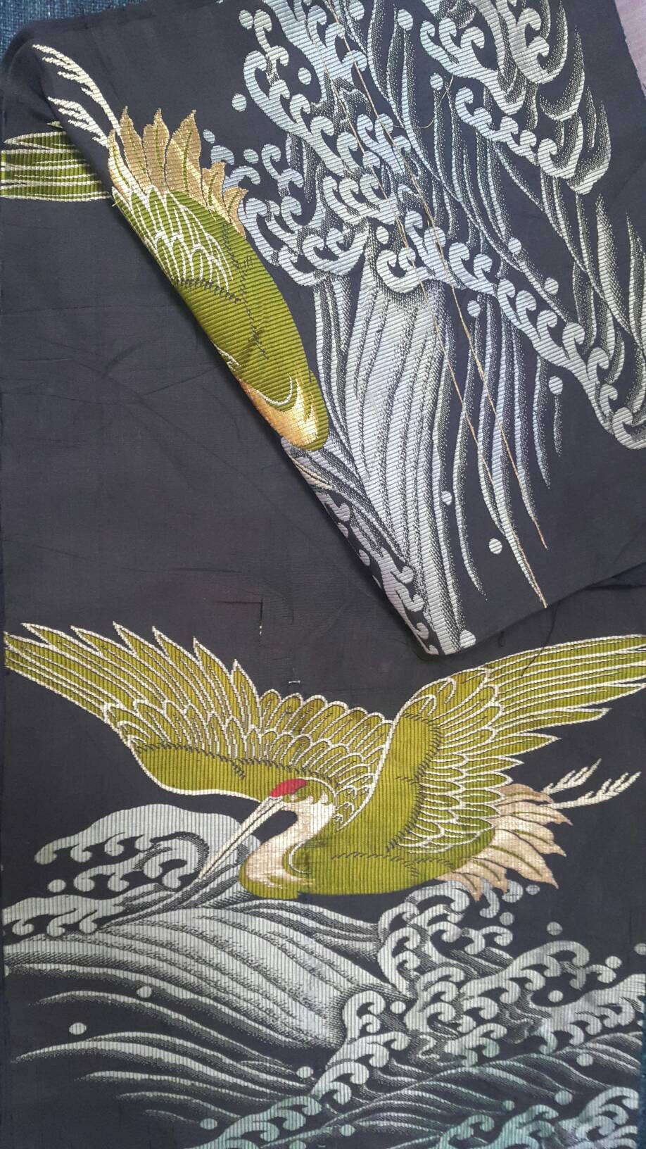 Silk Japanese Crane and Wave Textile