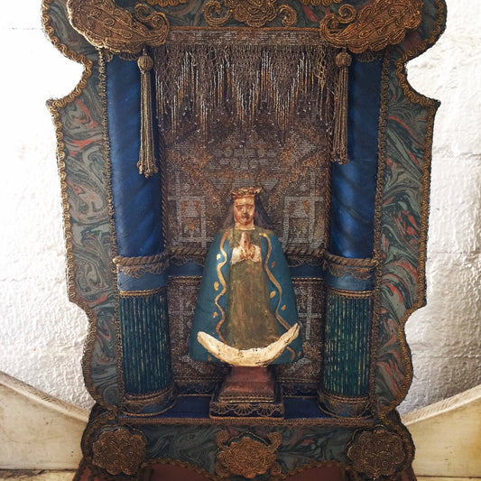 Vintage 3D Virgin of Guadelupe Assemblage Mixes Media Retablo Alter Shrine