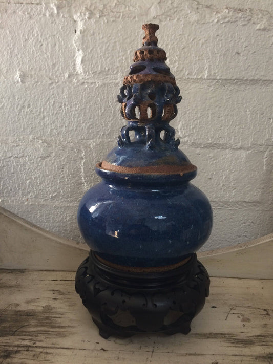 Blue Ceramic Urn Vase with Elaborate Sculptural Top Asian Wooden Base