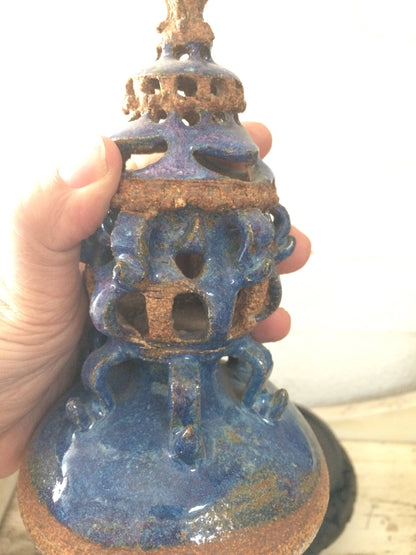 Blue Ceramic Urn Vase with Elaborate Sculptural Top Asian Wooden Base